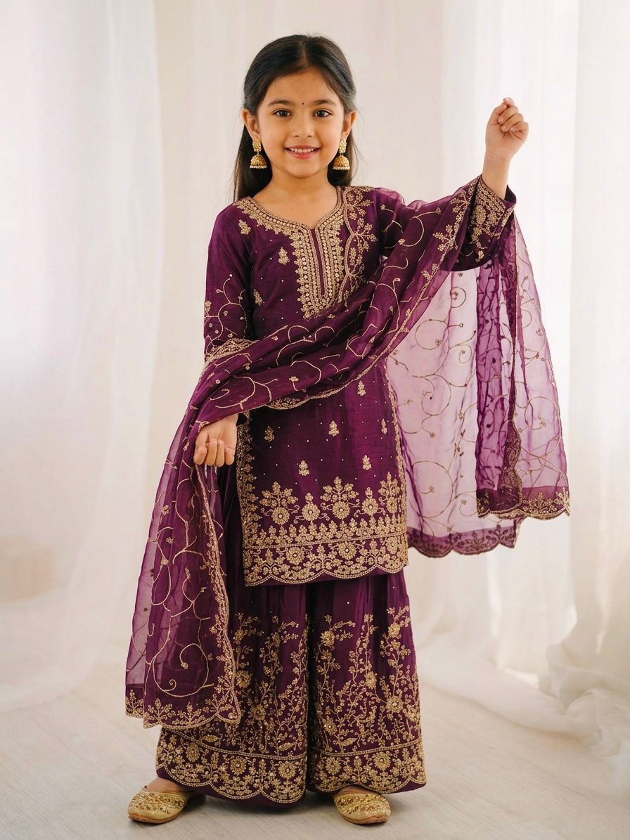 Premium GMY Silk Kurti, Palazzo & Dupatta Set - For Kids