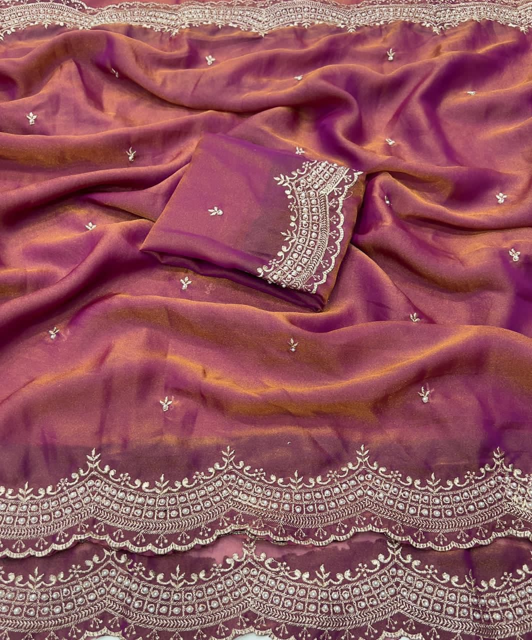 Designer Moss Satin Work Saree
