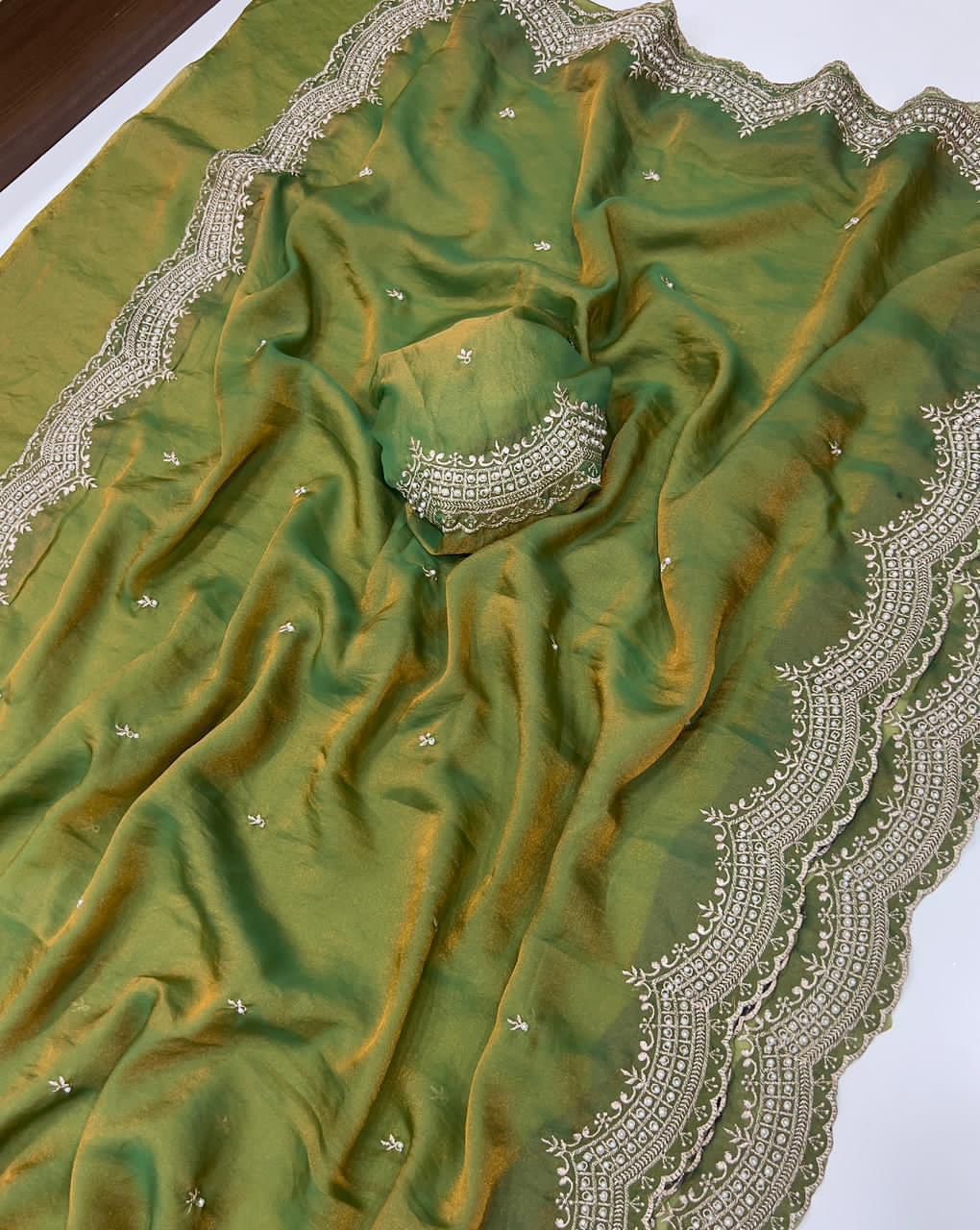 Designer Moss Satin Work Saree