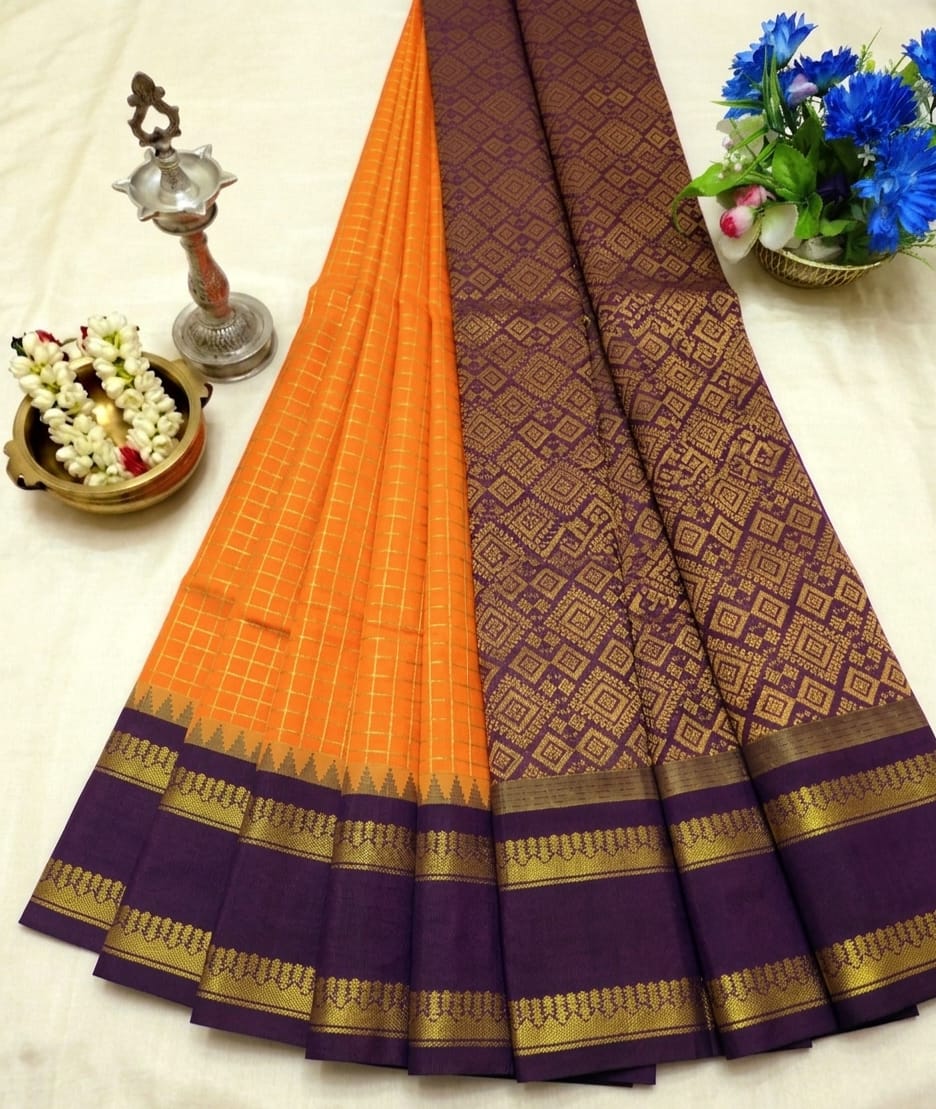 Elegant Handloom Soft Cotton Korvai Checked Saree 🪇