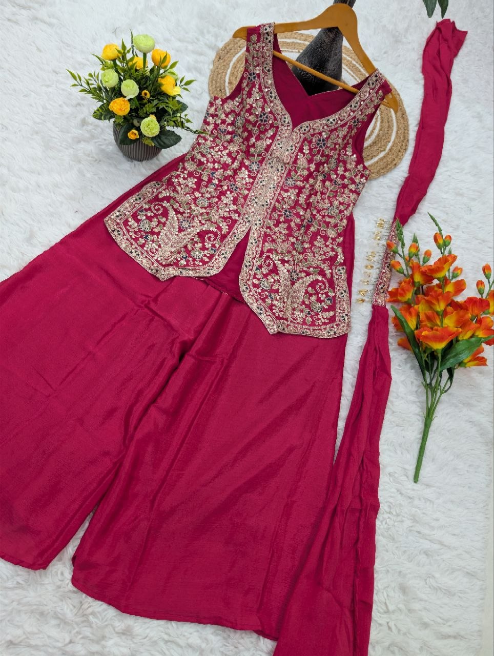 Pure Viscose Chinon Kurti Set with Bottom & Dupatta