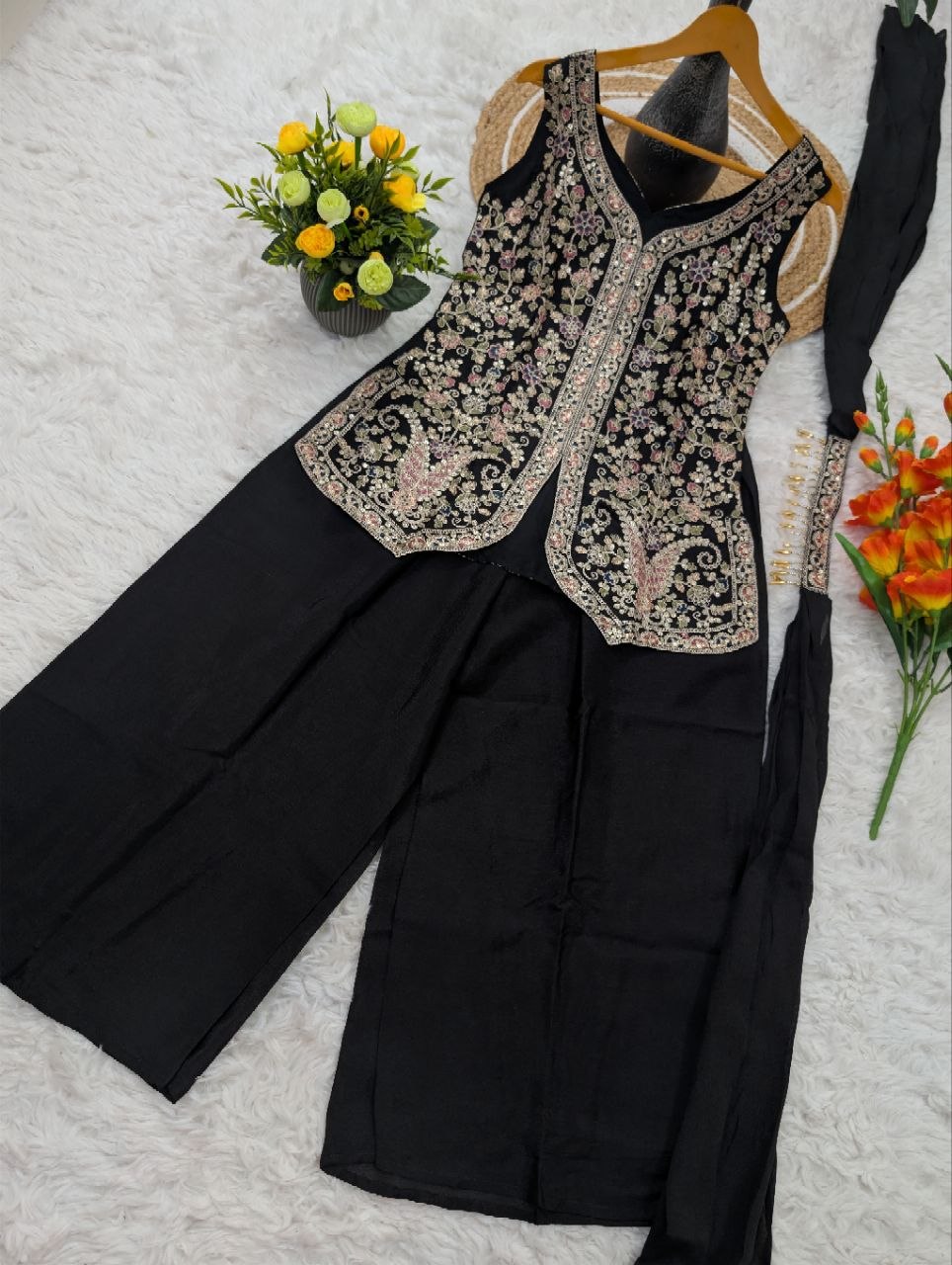 Pure Viscose Chinon Kurti Set with Bottom & Dupatta