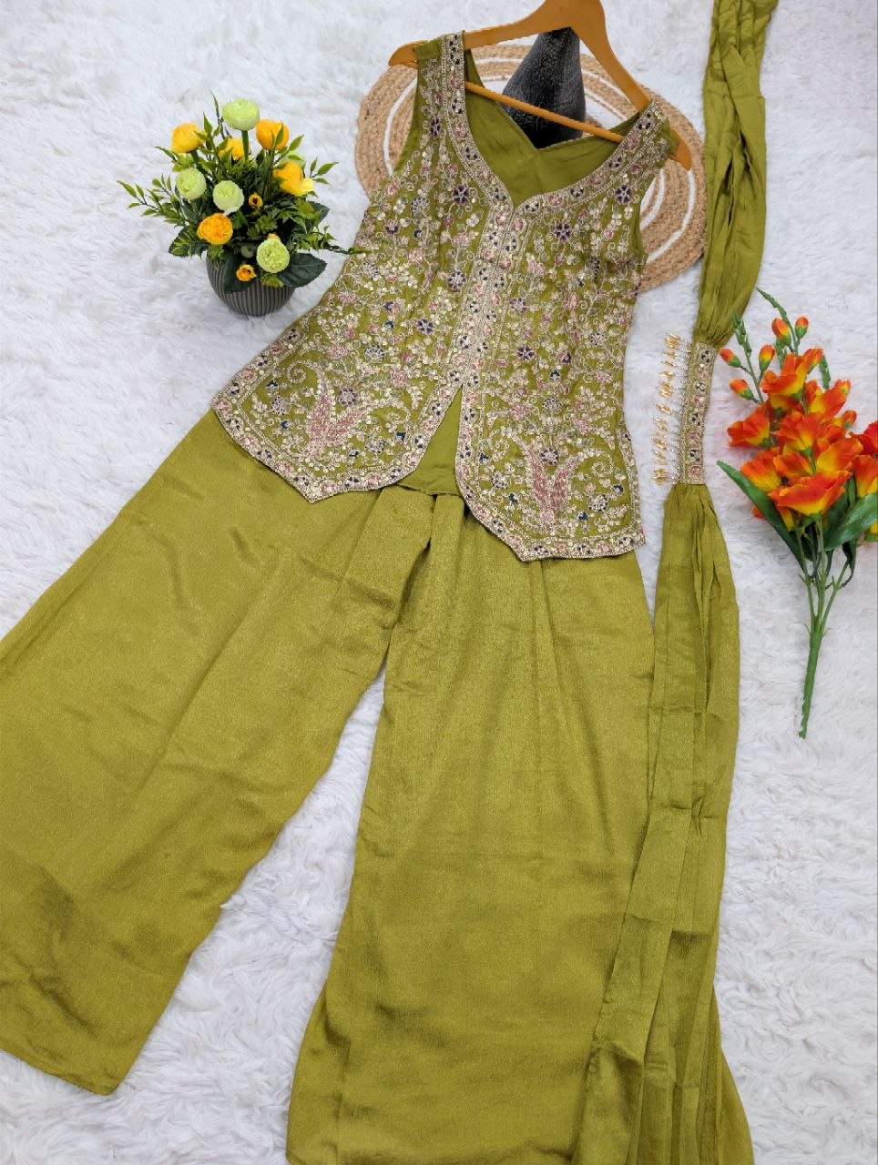 Pure Viscose Chinon Kurti Set with Bottom & Dupatta