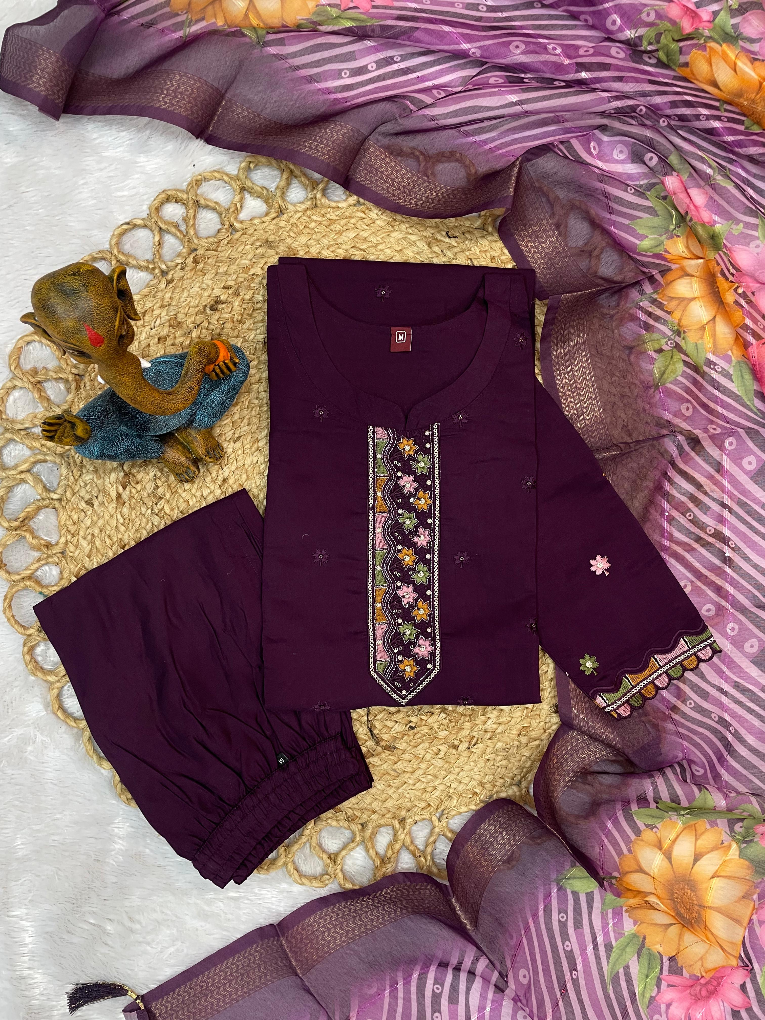 Viscose Roman Silk Kurti, Pant and Dupatta Set