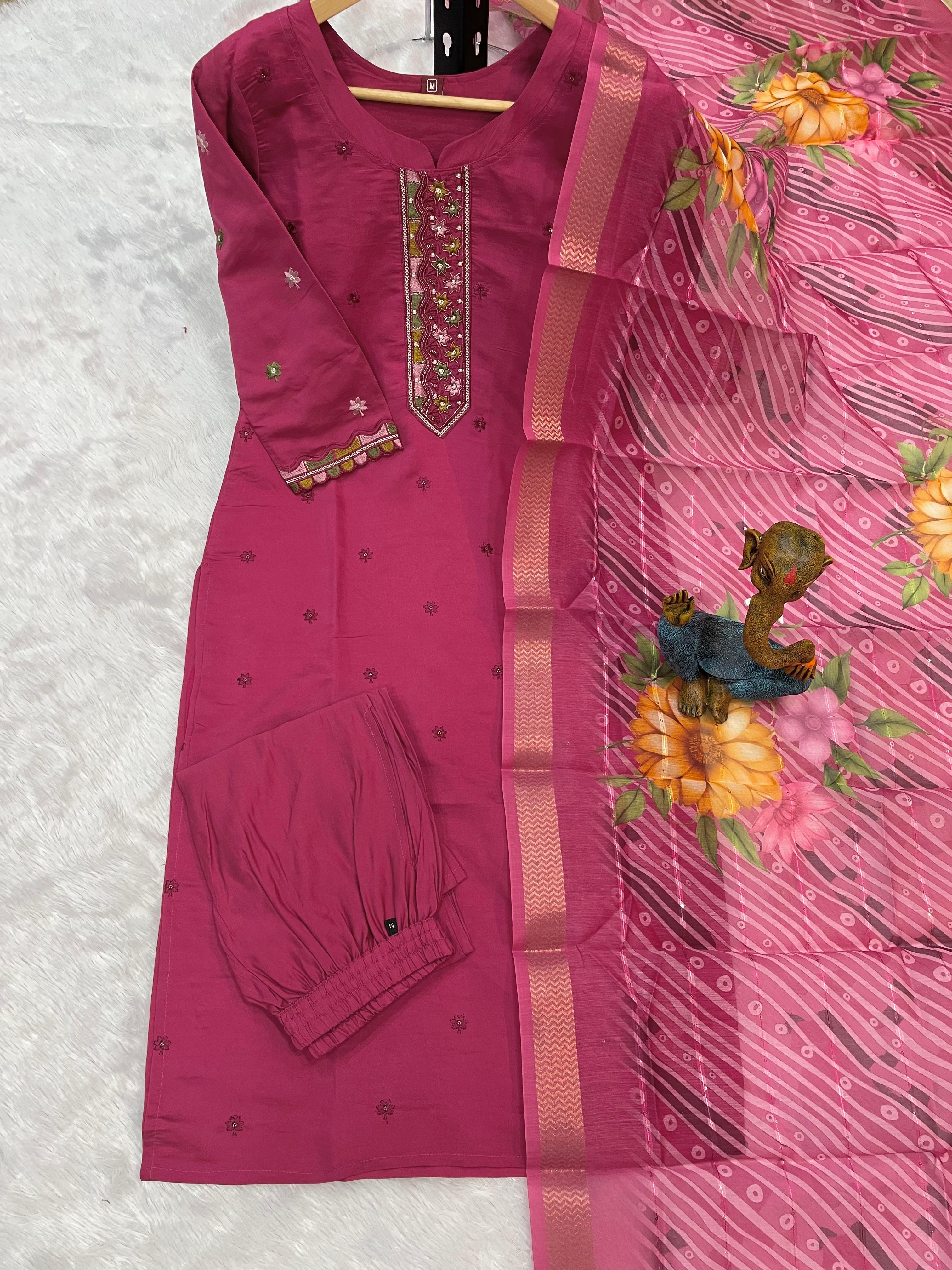 Viscose Roman Silk Kurti, Pant and Dupatta Set