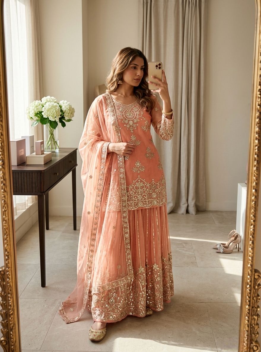 Designer Top, Sharara & Dupatta Set