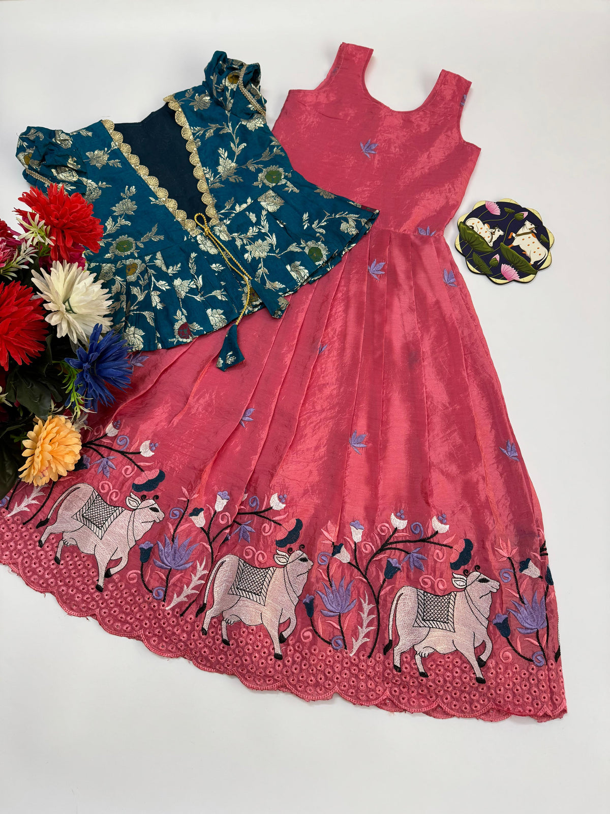 Kids Pichwai Embroidery Gown Set