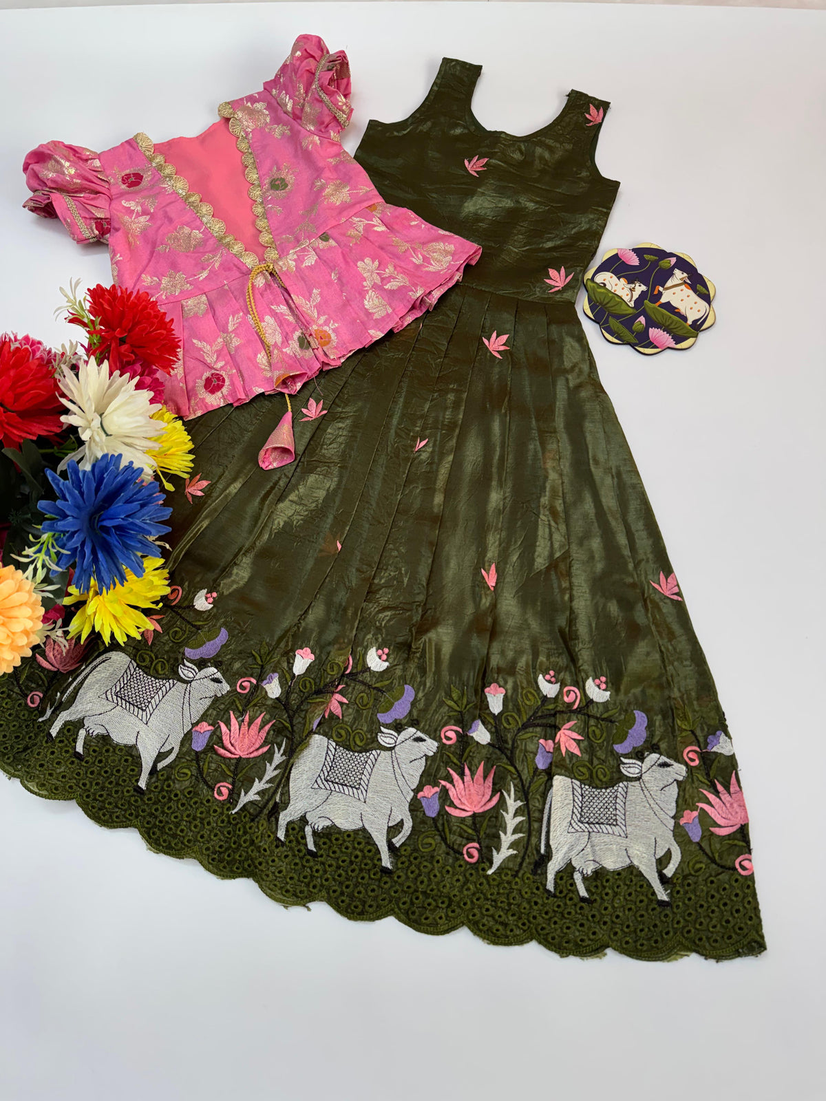 Kids Pichwai Embroidery Gown Set
