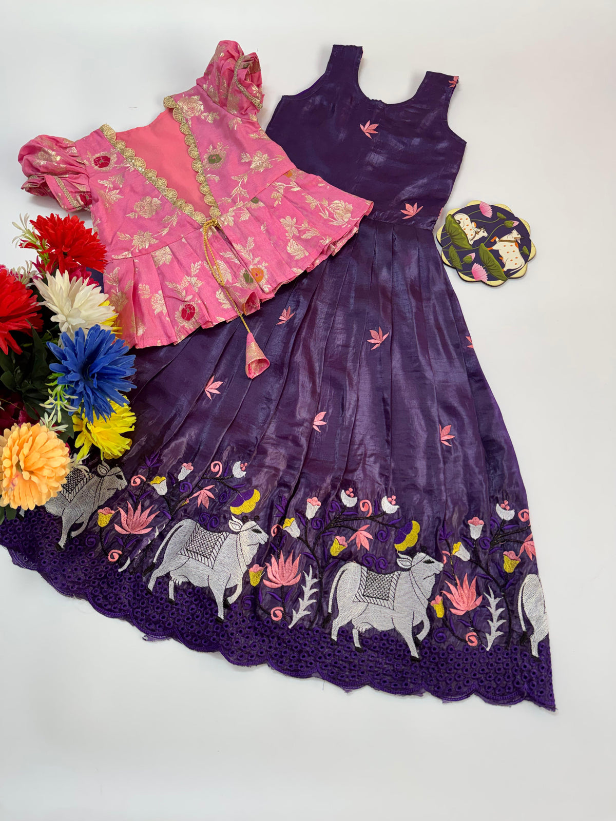 Kids Pichwai Embroidery Gown Set