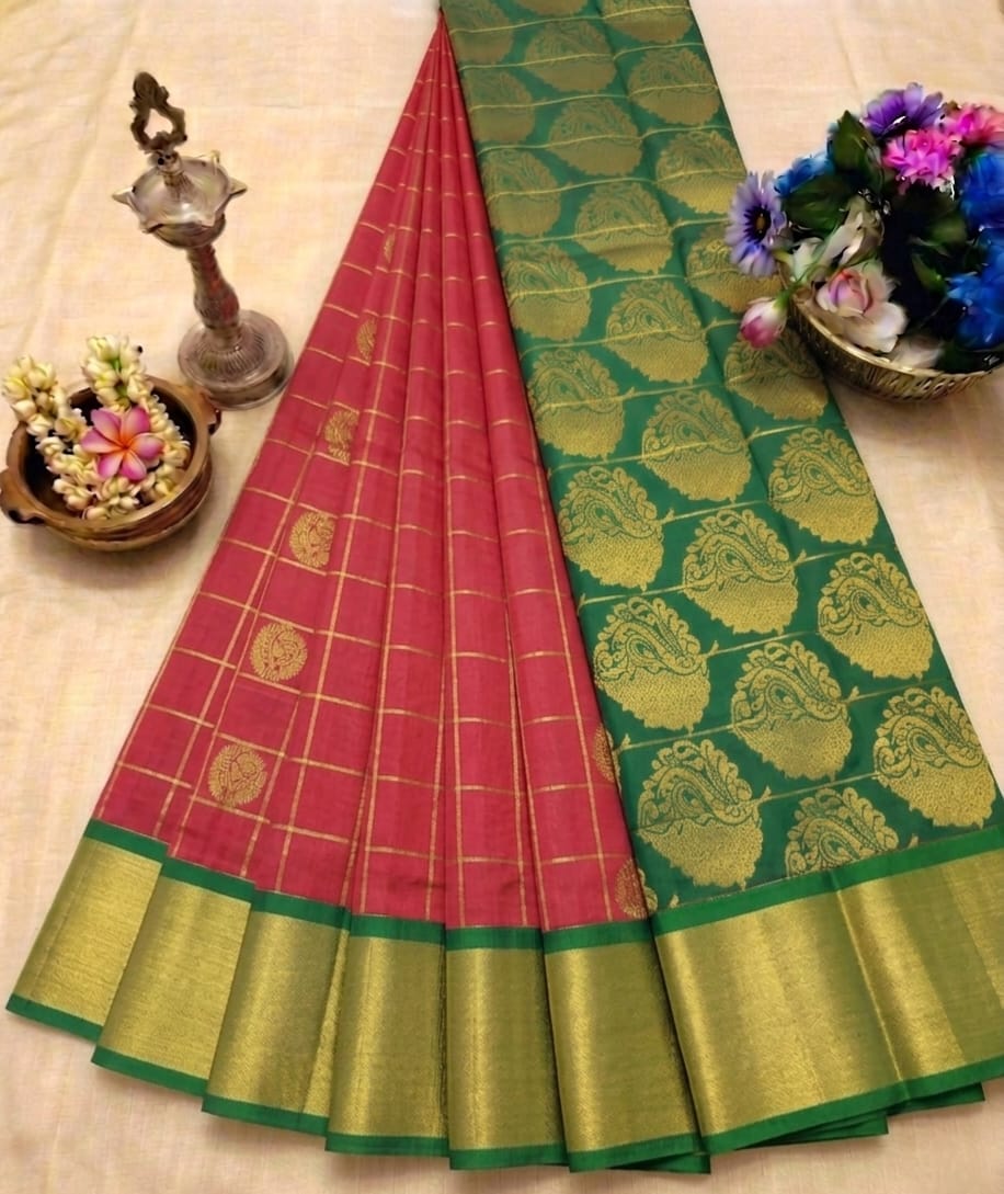 Elegant Handloom Soft Cotton Korvai Checked Saree 🪇