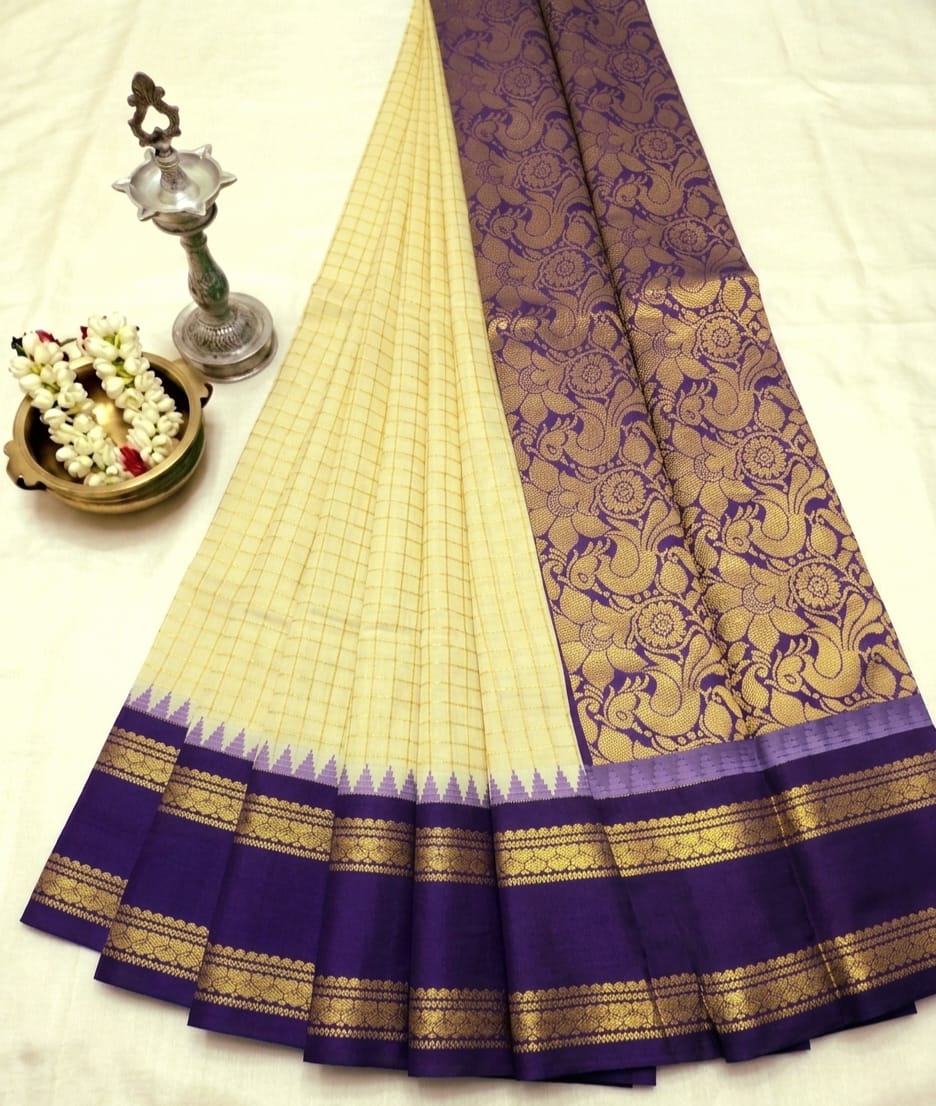 Elegant Handloom Soft Cotton Korvai Checked Saree 🪇