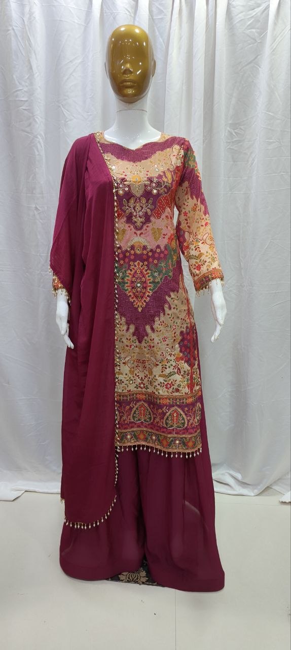 Chinon Silk Top, Sharara and Dupatta Set