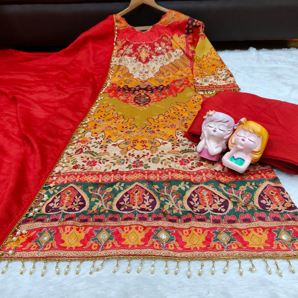 Chinon Silk Top, Sharara and Dupatta Set