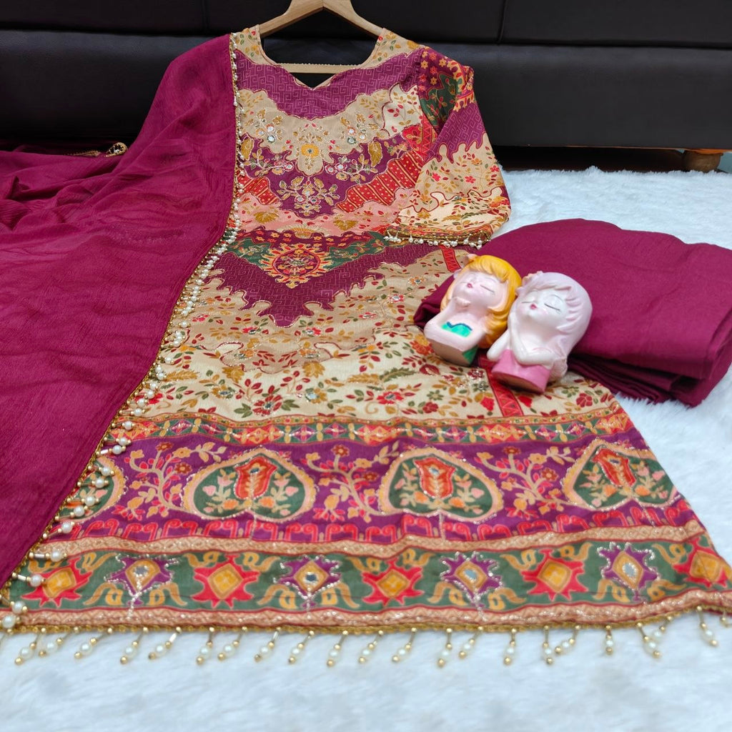 Chinon Silk Top, Sharara and Dupatta Set