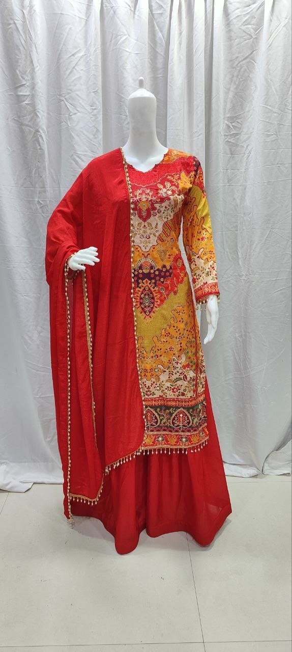 Chinon Silk Top, Sharara and Dupatta Set