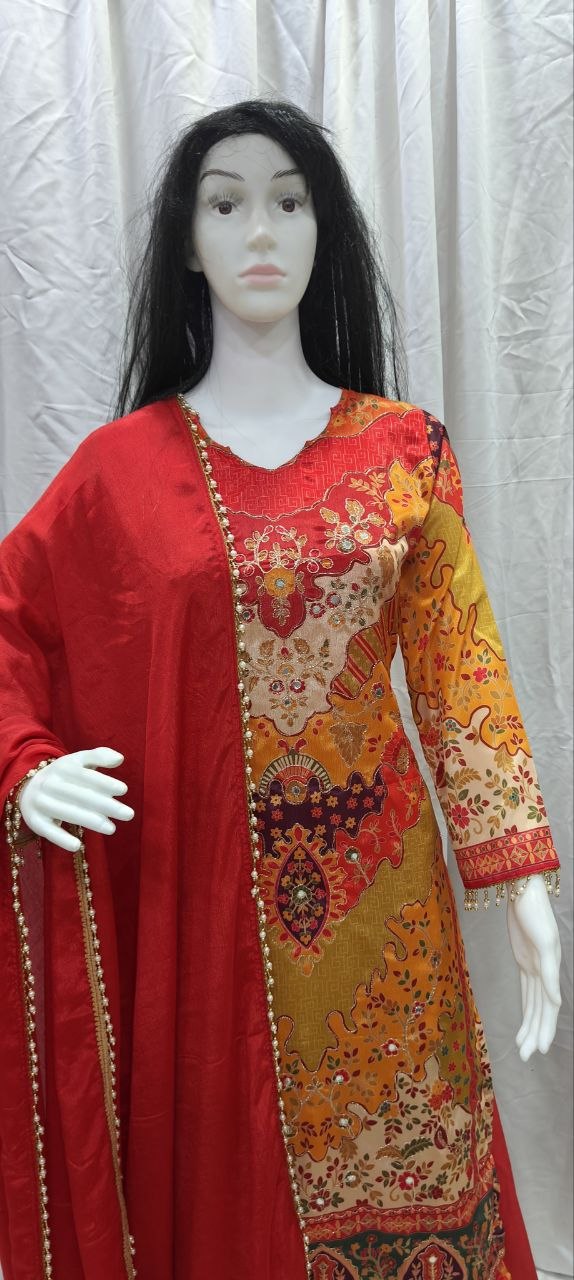 Chinon Silk Top, Sharara and Dupatta Set