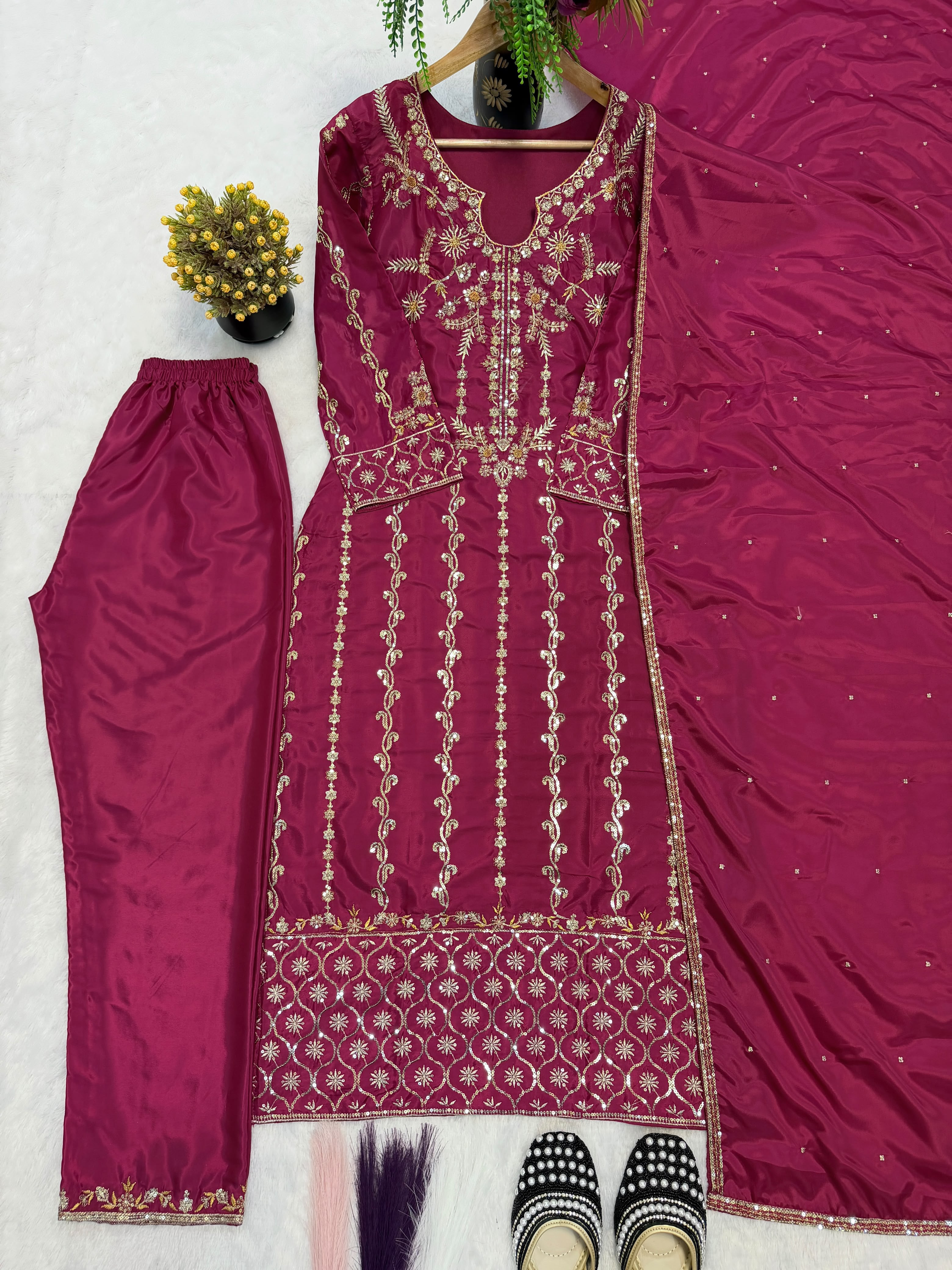 Designer Long Suit Set (Top, Pant & Dupatta)
