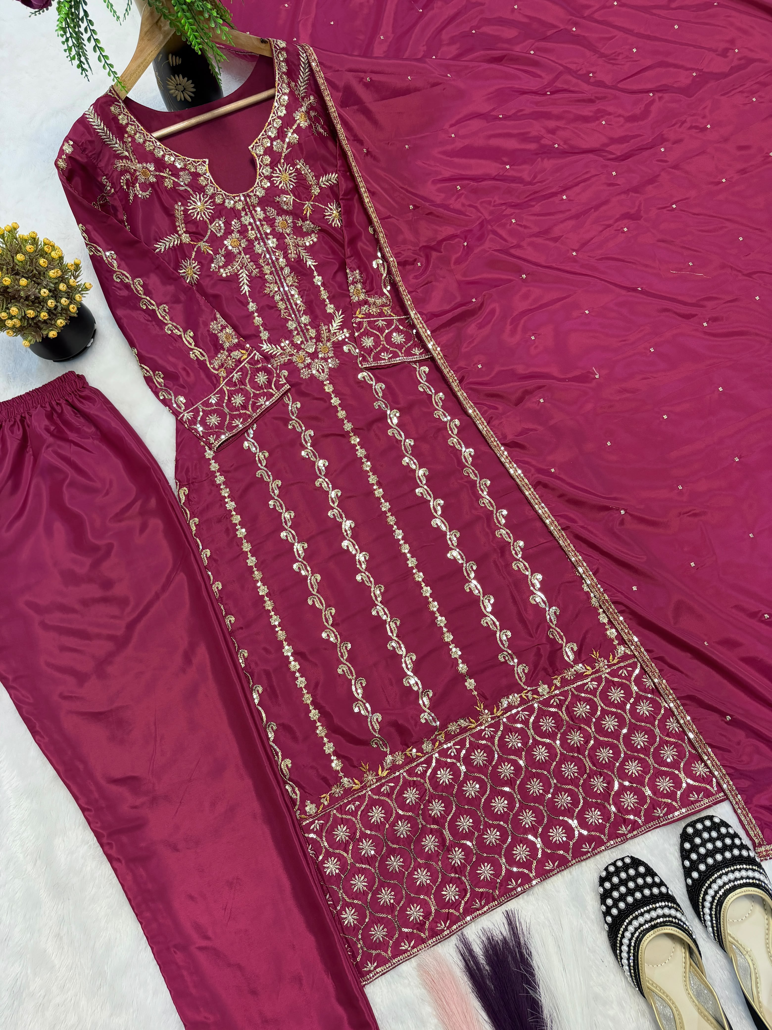 Designer Long Suit Set (Top, Pant & Dupatta)