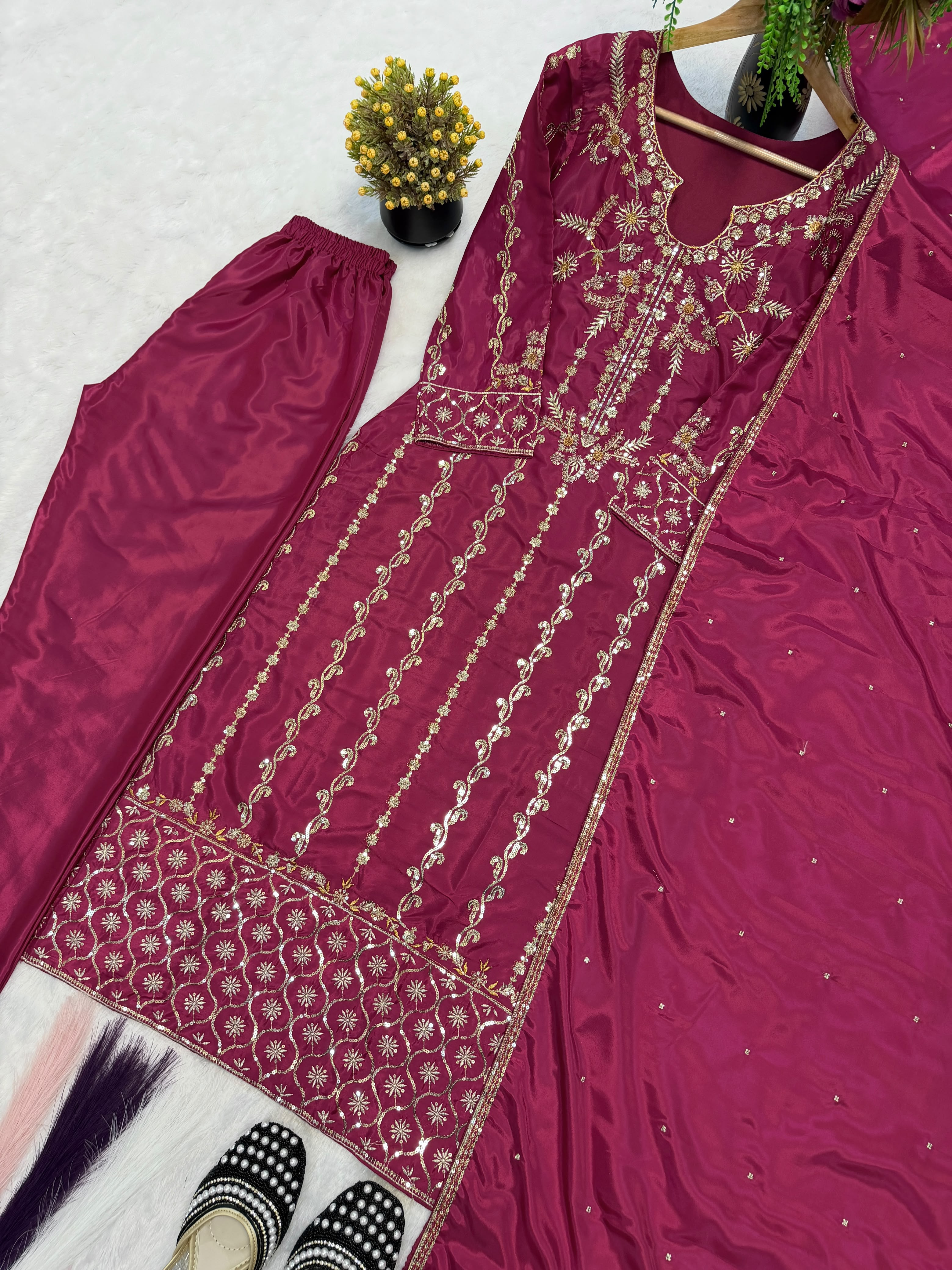 Designer Long Suit Set (Top, Pant & Dupatta)