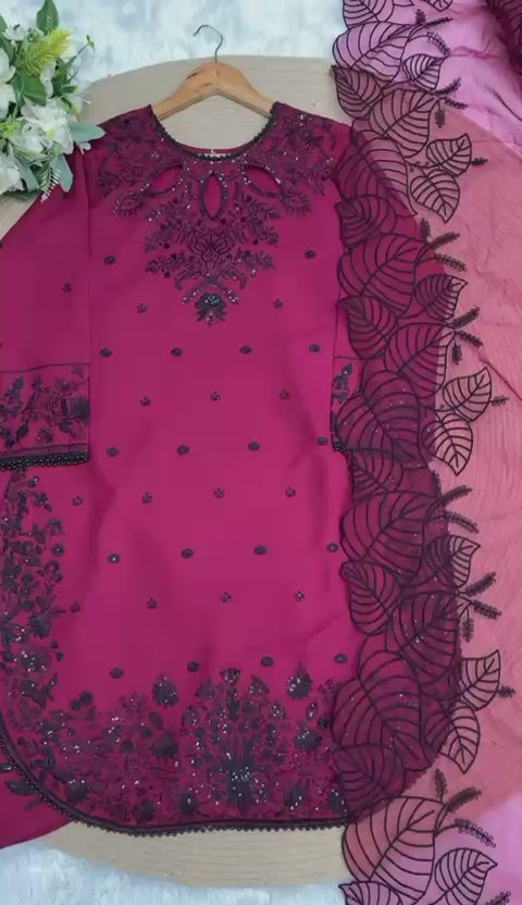 Embroidered Kurti, Plazzo & Dupatta Set