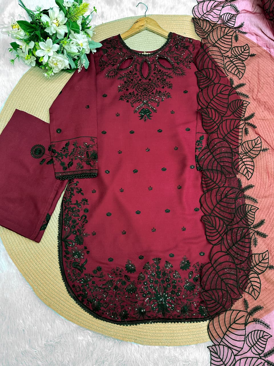 Embroidered Kurti, Plazzo & Dupatta Set