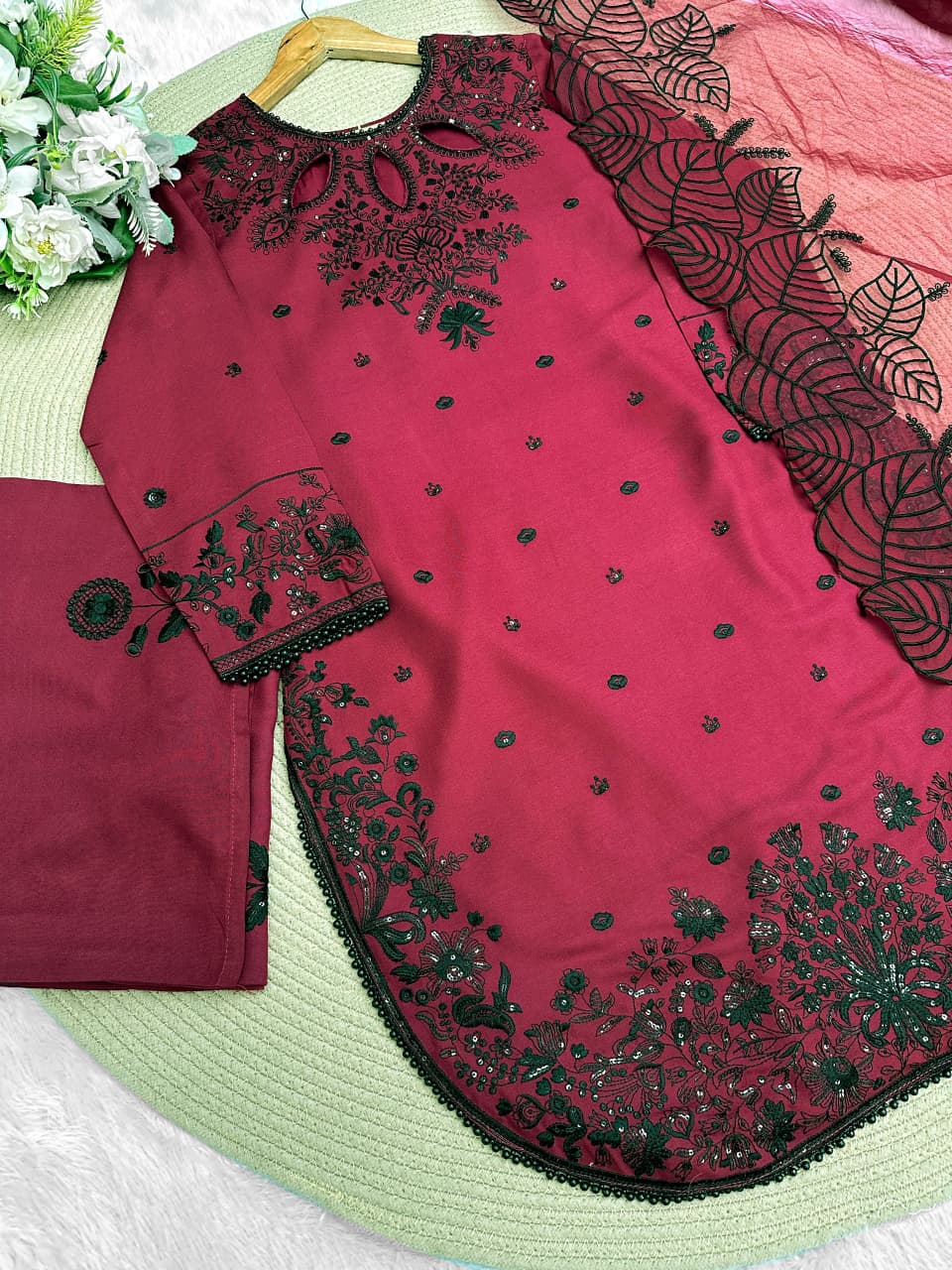 Embroidered Kurti, Plazzo & Dupatta Set