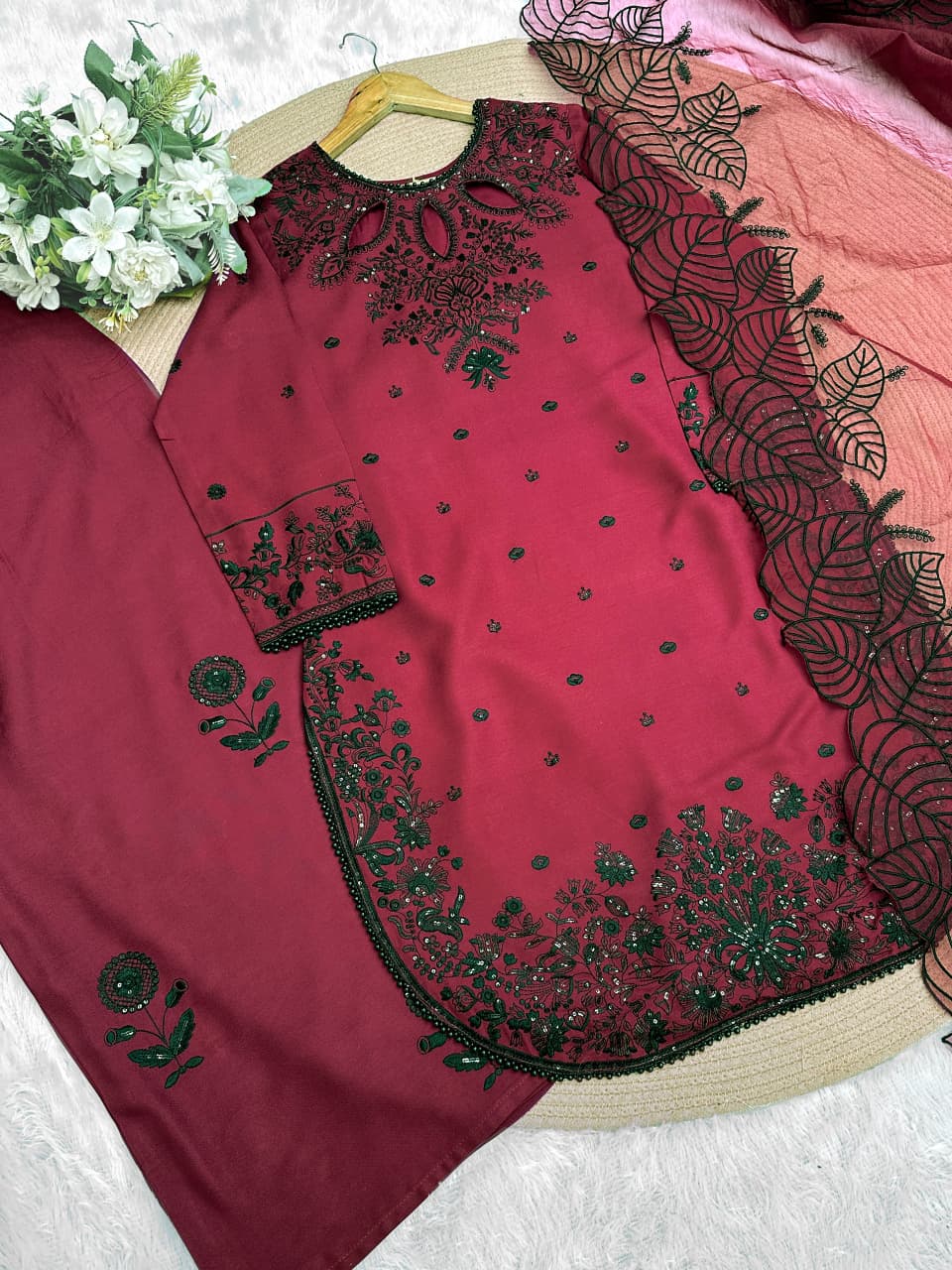 Embroidered Kurti, Plazzo & Dupatta Set