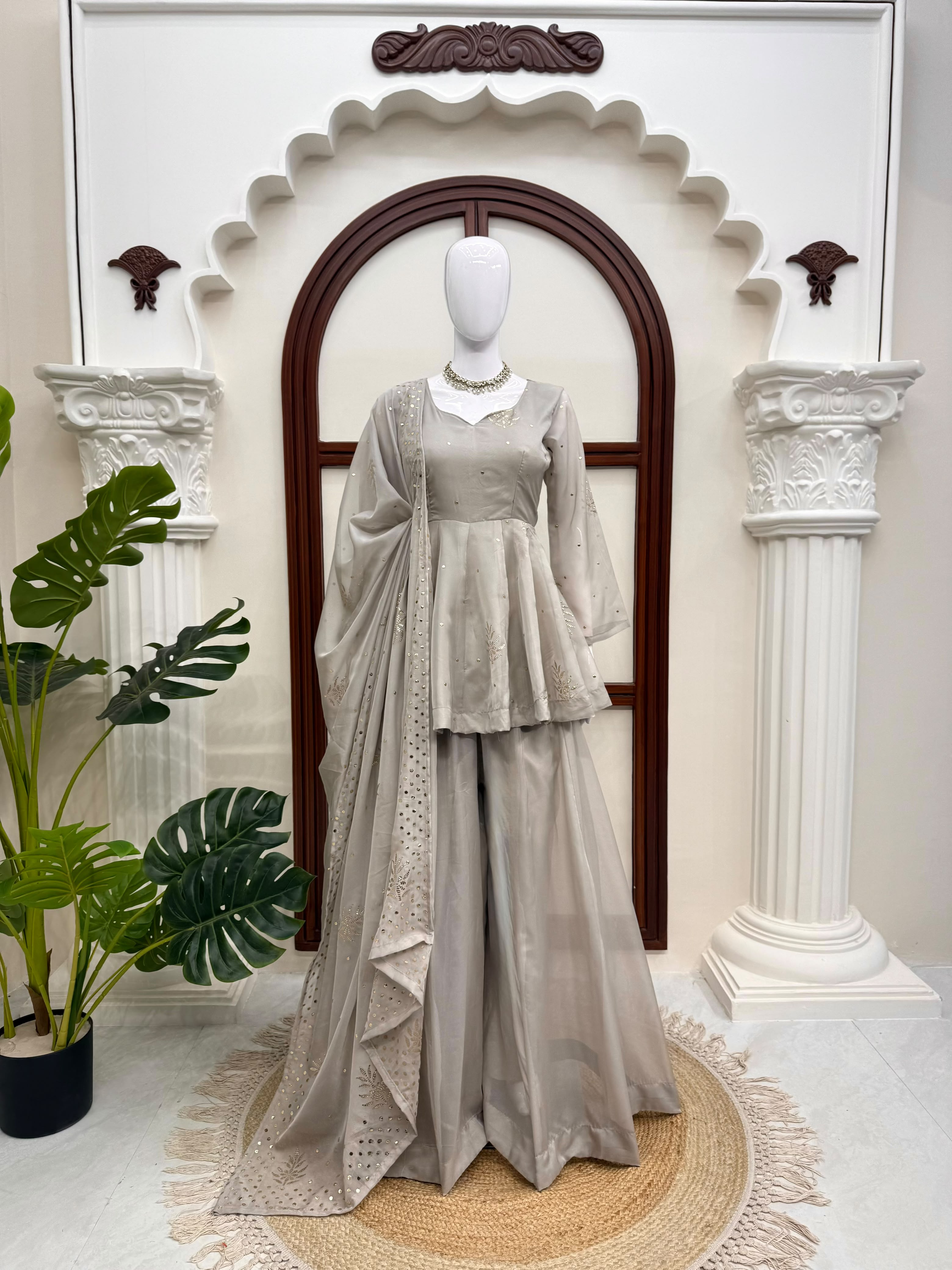 Tabby Silk Designer Top, Palazzo & Dupatta Set
