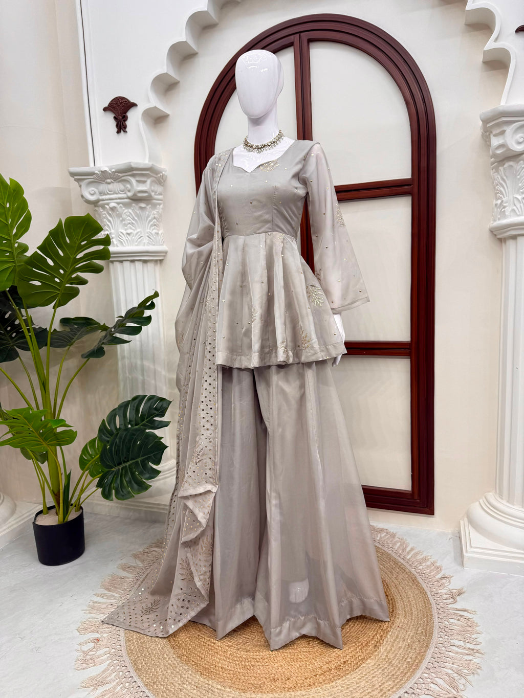 Tabby Silk Designer Top, Palazzo & Dupatta Set