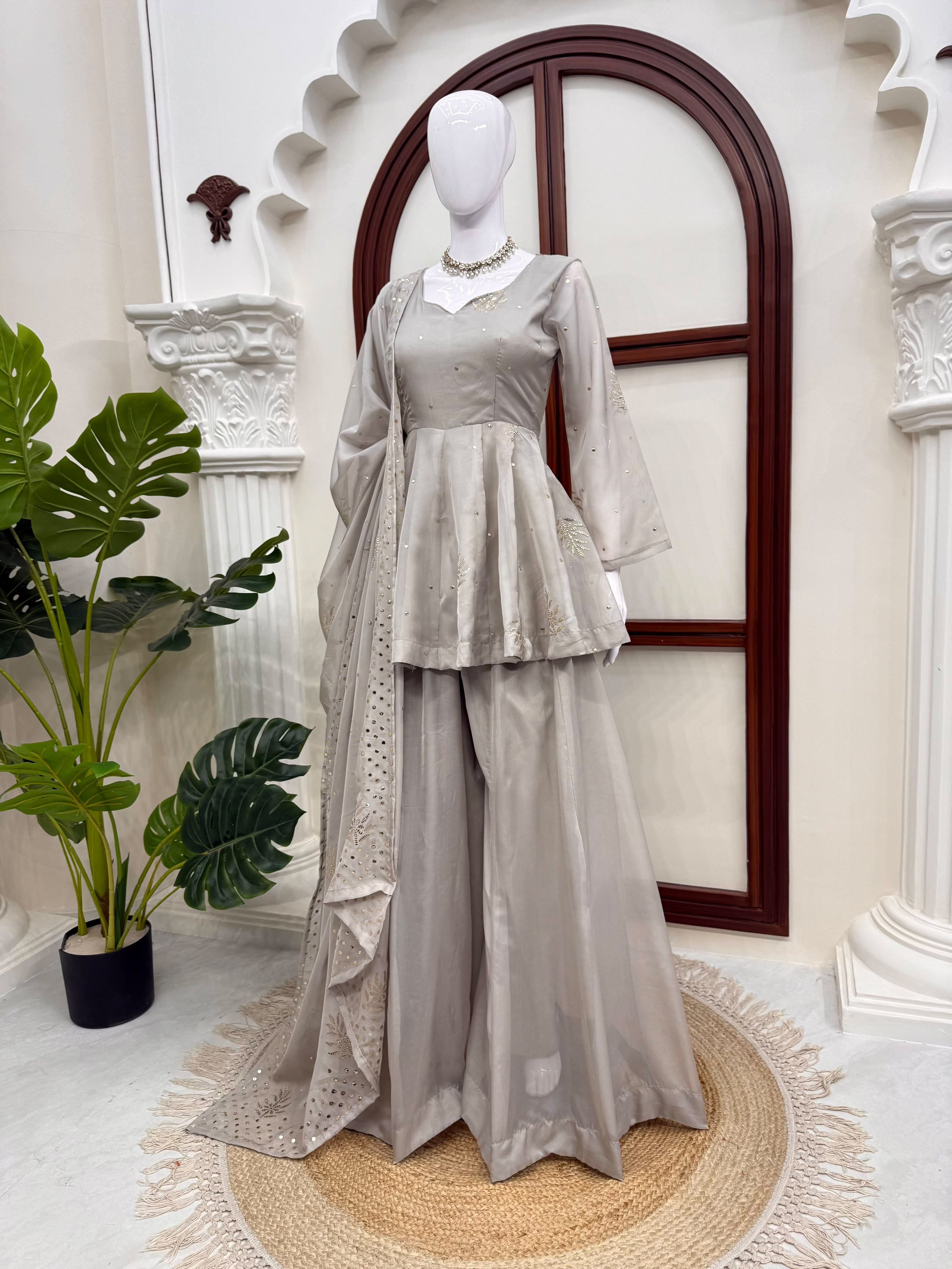 Tabby Silk Designer Top, Palazzo & Dupatta Set