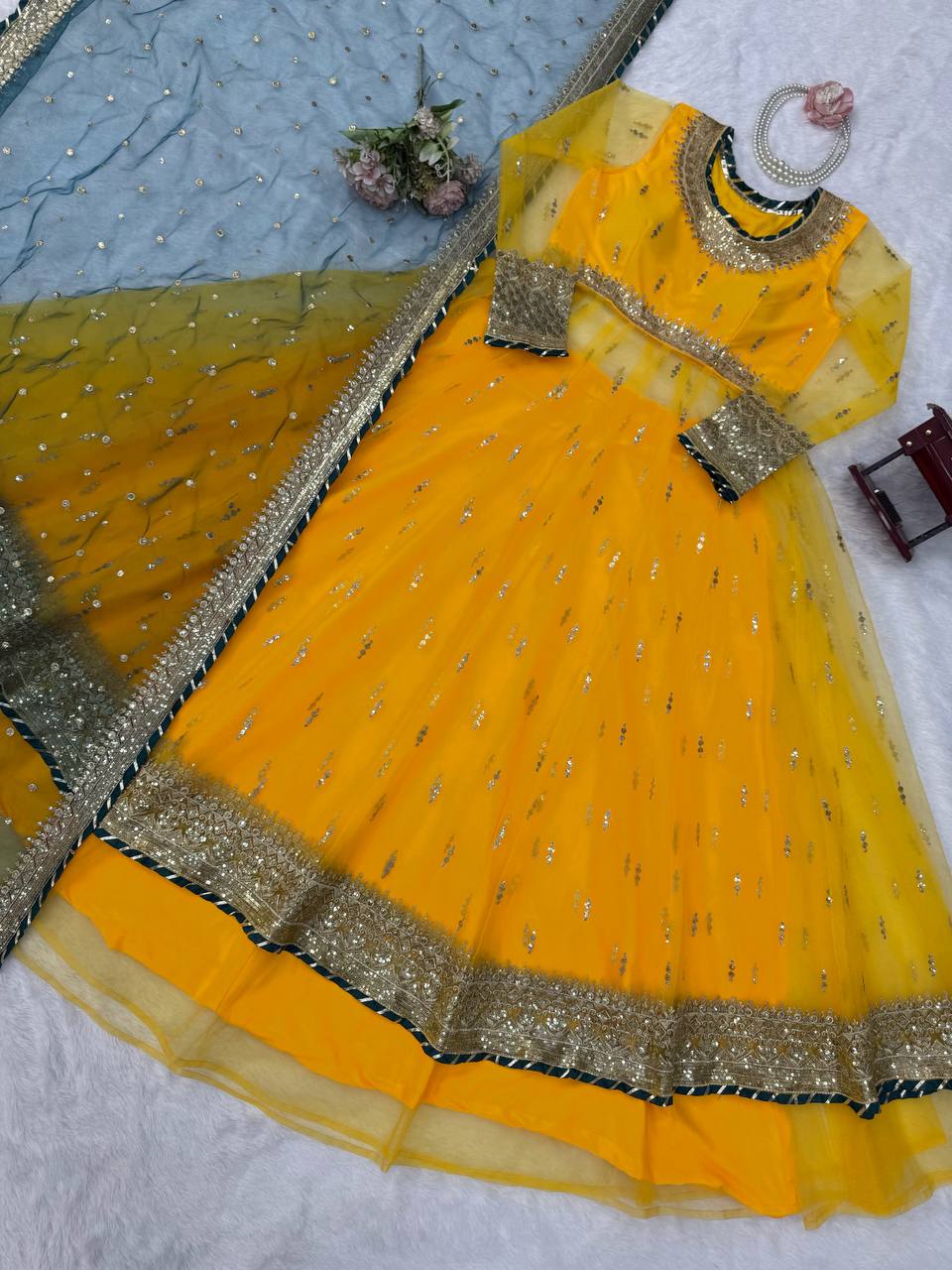Designer Gown, Lehenga & Dupatta Set